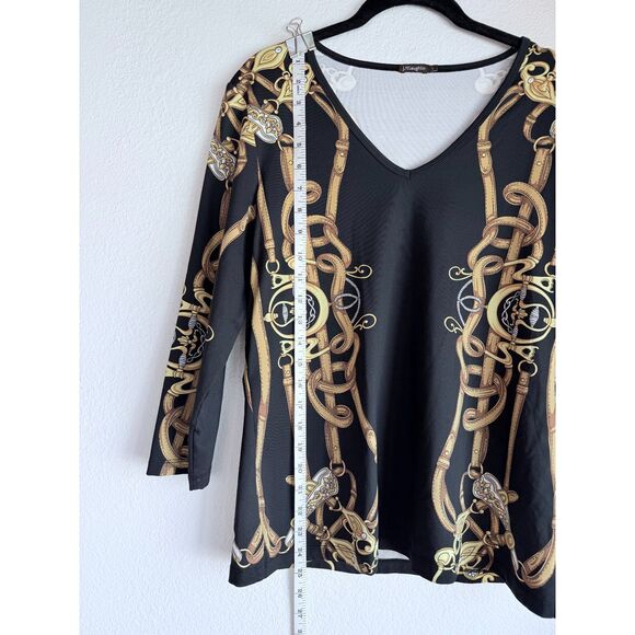 J.Mclaughlin Catalina Cloth Black & Gold Equestrian Print 3/4 Sleeve V-Neck Top - Picture 7 of 10